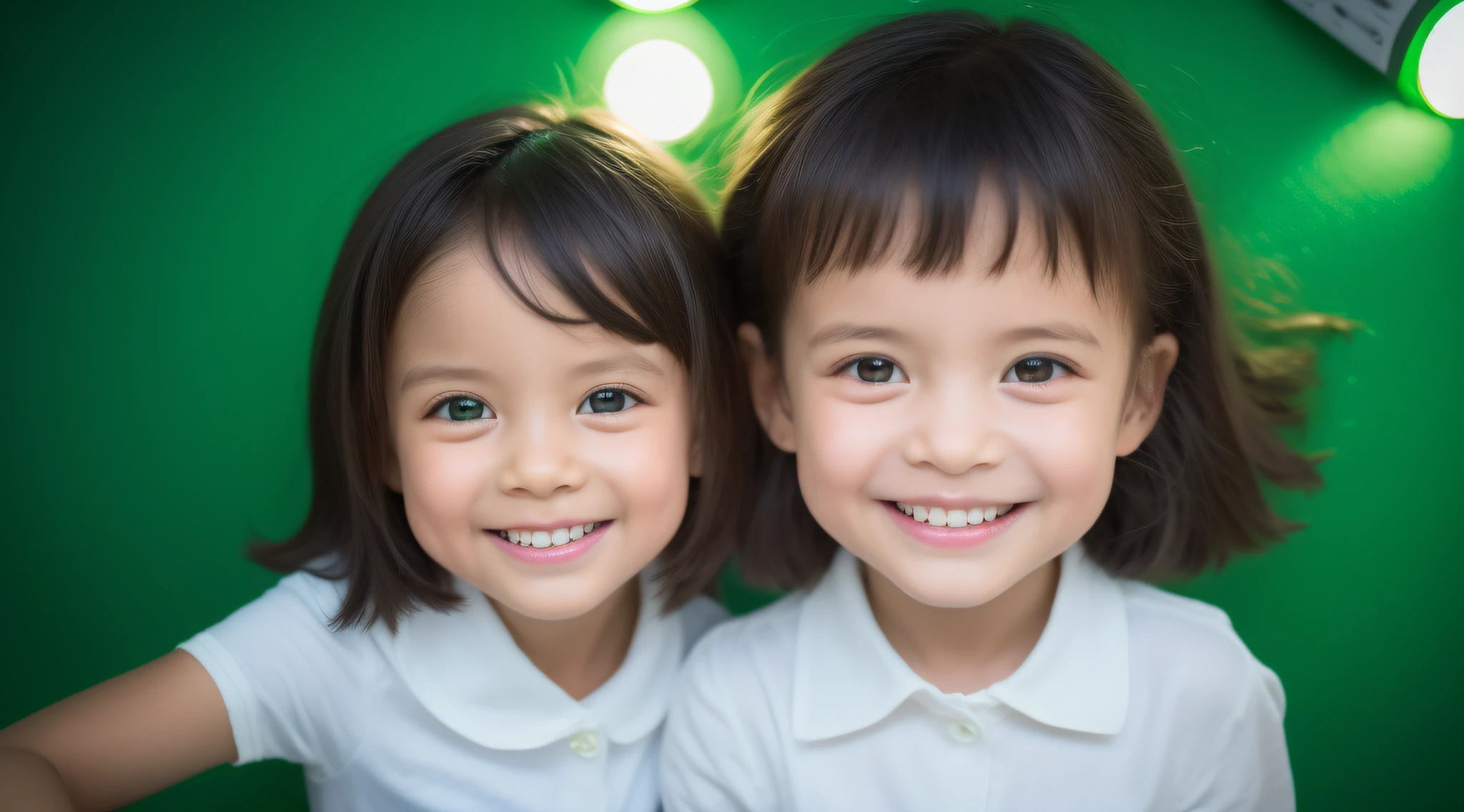 Estilo moderno, fondo blanco, foto de identificación de los niños, hermoso,  sonriente, ojos oscuros, pelo corto, corbata de moño, claro, alta calidad, Luces verdes suaves en el cabello de los niños..