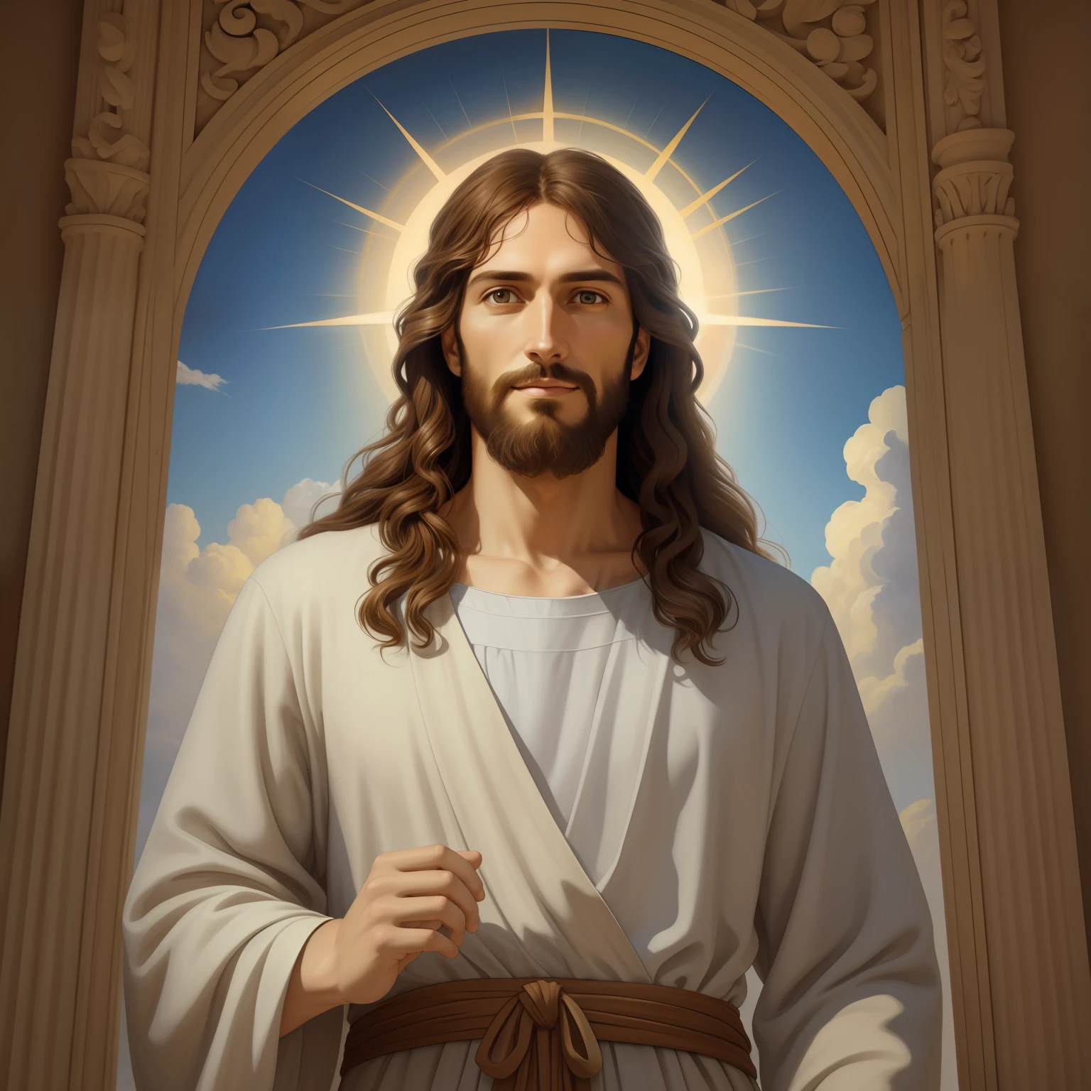 A beautiful ultra-thin 現実的 portrait of Jesus, 預言者, 34歳の男性ヘブライブルネット, 短い茶色の髪, 長い茶色のひげ, と, 胸元が閉じた長いリネンのチュニックを着ている, 正面から, 全身, 聖書の, 現実的,ディエゴ・ベラスケス,ピーテル・パウル・ルーベンス,レンブラント,アレックス・ロス,8k, コンセプトアート, Photo現実的, 現実的,  図, 油絵, シュルレアリスム, Hyper現実的, デジタルアート, スタイル, watercolor 
a 3D 現実的 of イエス と a halo in the sky, イエス christ, 天国で微笑んでいる, portrait of イエス christ, イエス face, 33 若き全能の神, 天の神の肖像画, グレッグ・オルセン, gigachad イエス, イエス of nazareth, イエス, 神の顔, 神様は私を見て, 彼はあなたを温かく迎えています, 彼は幸せだ, アバター画像
