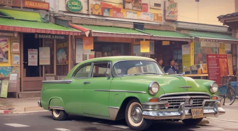 an old american car in green parked in front of a restaurant, pop art painting by hideto suzuki, american scene painting, the ar...