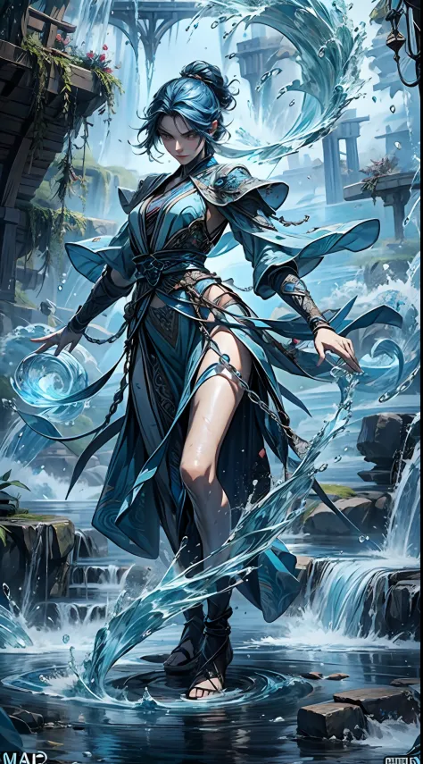 a beautiful demonic sorceress conjuring water casting a water spell,standing and looking at viewers, various water chains around...
