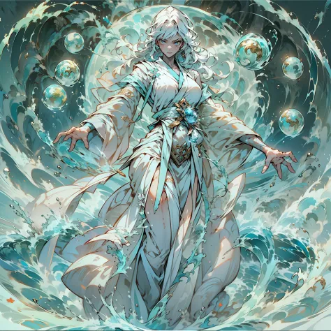 "a girl with flowing white hair and donned in a pristine white robe, showcasing her power over water. she stands with grace, cha...