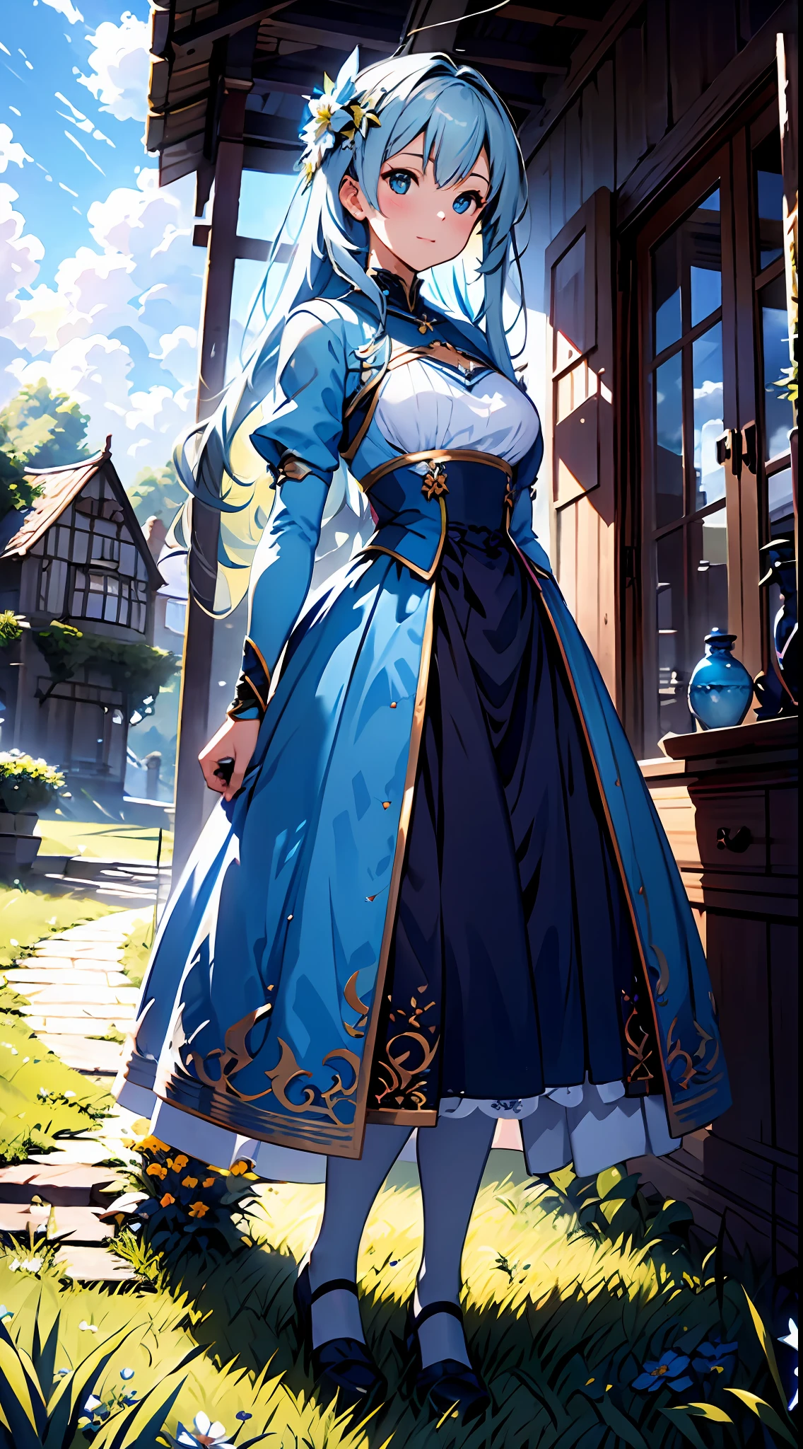 背景为蓝天和云彩, 穿着蓝色连衣裙，银色蕾丝，上面有花, 艺术萌芽, 罗斯拉环球照明, 一幅细致的画, 幻想艺术