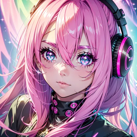 Green eyes、Green eyes.Pink hair、Longhaire、Two-side-up、verd s eyes、headphones、Music、Listen to the music、ciber、(Close-up of the left eye:1.4)((Pink hair, Long hair,Straight hair,two side up)) (Green eyes),eyeshadows, eye line,gloweyes, ultradetailed eyes, in...