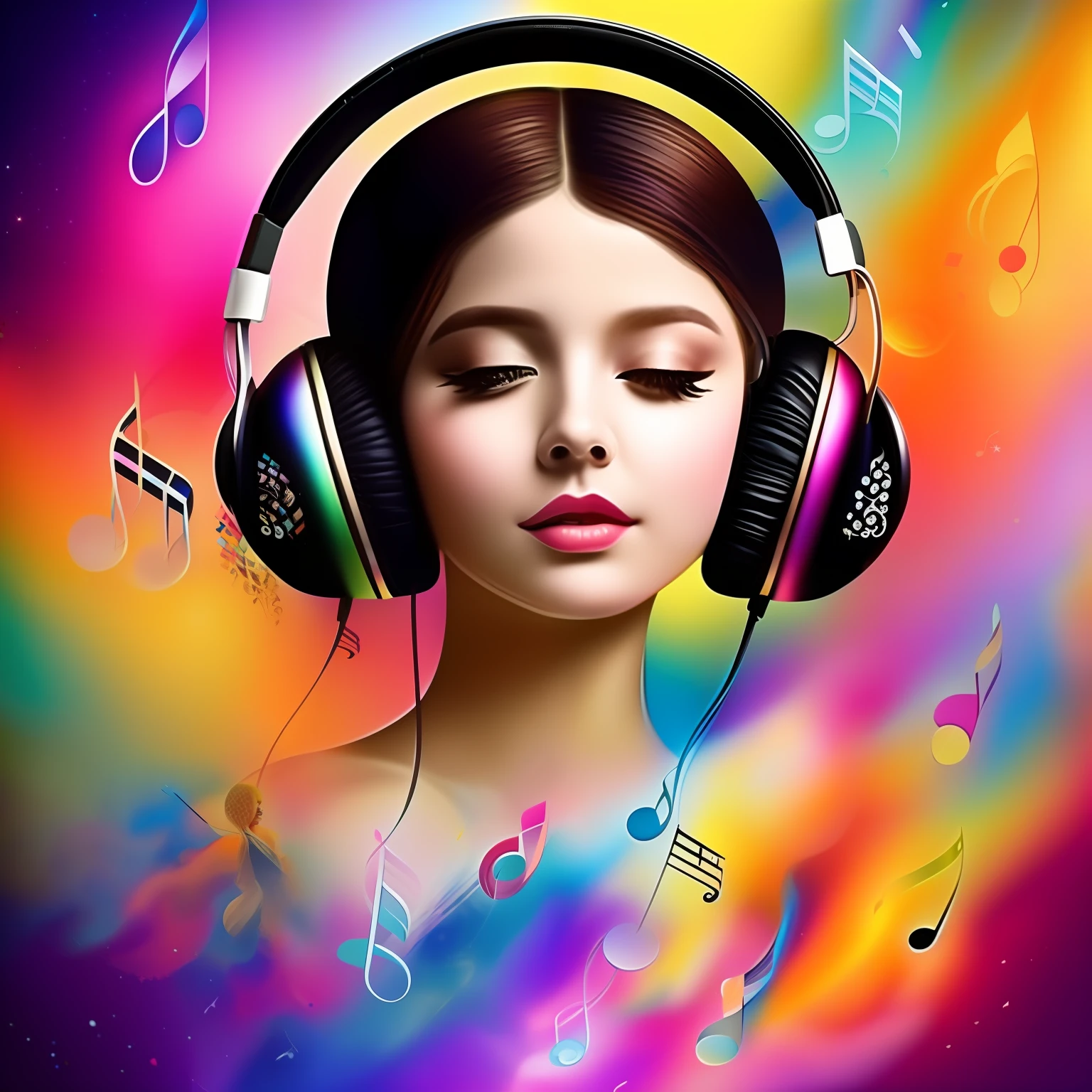 a painting of a girl with headphones and music notes, rainbowshift, Synesthesia