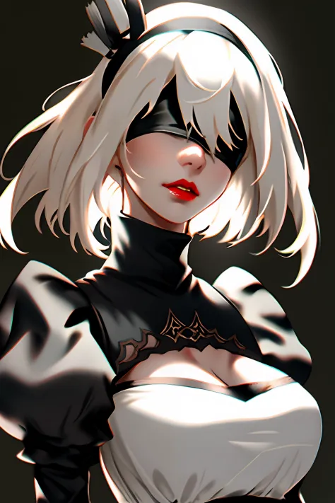 yorha no. 2 type b, 1girl, wlop, (blindfold), breasts, cleavage, cleavage cutout, clothing cutout, green background, hair betwee...