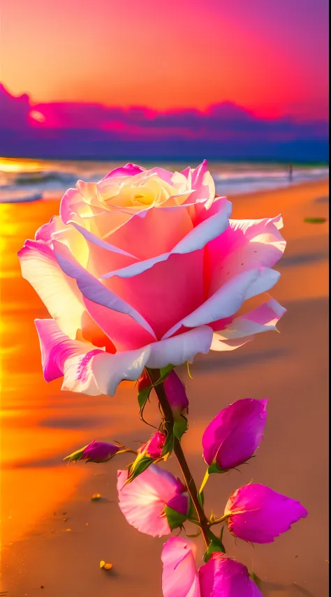 There is a white rose on the beach，The stem is red, melanchonic rose soft light, realistic colorful photography, photo of a rose, with beautiful colors, Vivid and beautiful colors, roses in cinematic light, amazing color photograph, colorful hd picure, aut...