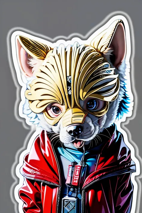 ((stickers)),white background,simple background,concept art,sots art, A cute Kawaii tiny hyper realistic baby wolf, wearing hip ...