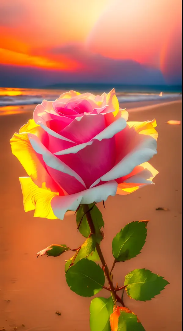 There is a white rose on the beach，The stem is red, melanchonic rose soft light, realistic colorful photography, photo of a rose, with beautiful colors, Vivid and beautiful colors, roses in cinematic light, amazing color photograph, colorful hd picure, aut...