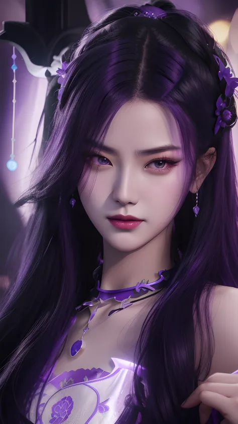 Close-up of a woman with long hair in a purple dress,black color hair， Purple hair accessories，choker necklace，Dark blue dress，xianxia fantasy, （light source on left，warm lights），Game CG, full-body xianxia, Yun Ling, xianxia hero, trending on cgstation