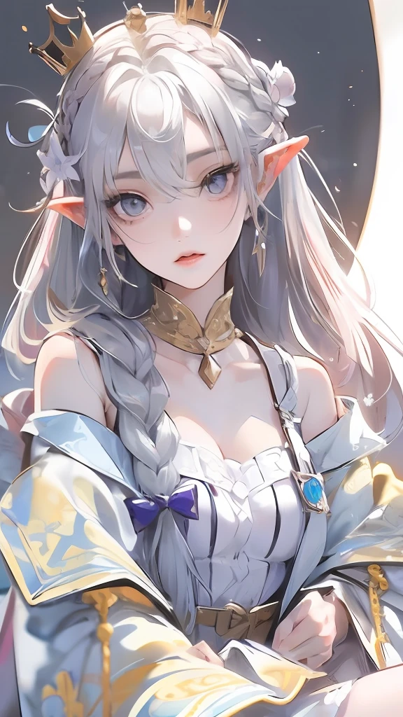 Best quality, highly detailed, masterpiece, ultra detailed, (reality: 1.2), 1 girl, (white background), simple background, delicate eyes, silver hair, purple eyes, hair_ornament, (white off-the-shoulder shirt: 1.3), long hair, pointy_ears, crown_braid, expressionless, straight hair, (++ sitting: 1.2), room,