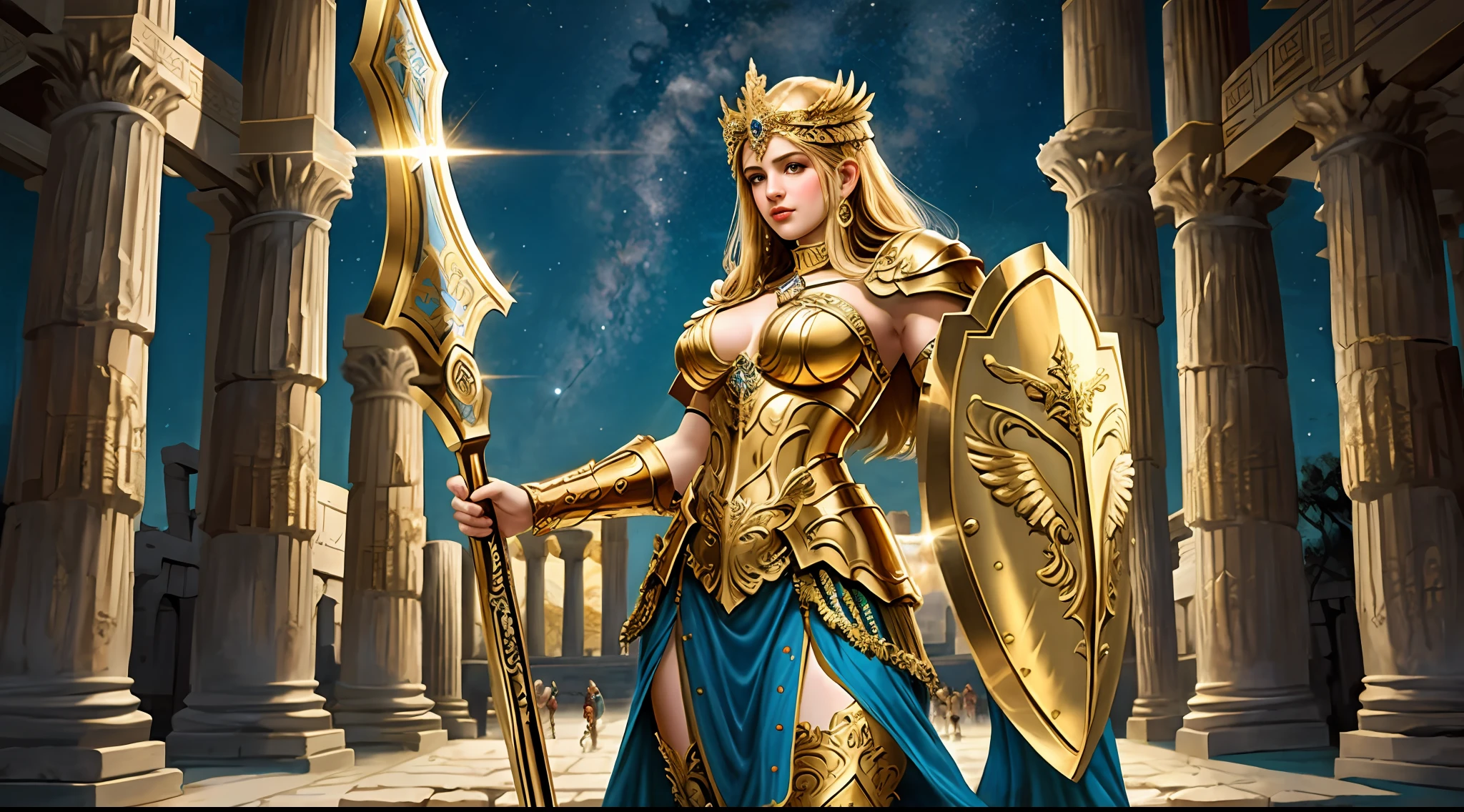 （full bodyesbian：1.2），（tmasterpiece）， （best qualtiy：1.4）， [：intricately details：0.2]， Goddess of War，Large breasts，Heavy golden armor，Holding a shield，complex patterns，Greek temple，dramatics，dynamicposes，the night，Starcloud，extreme light