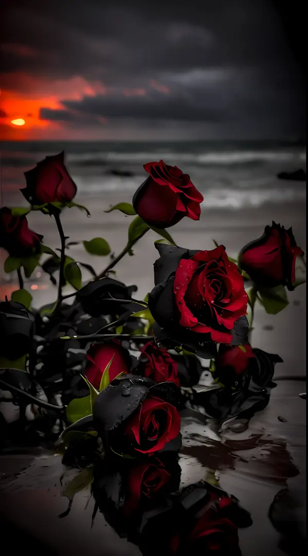 Drops of roses on the beach, Black roses, roses in cinematic light, rosses, Red roses, black roses, rosette, Gothic romance, alexey egorov, black and red, a few roses, she is the queen of black roses, Romantic!!!, author：Svetlin Villinov, Dark beauty, dark...