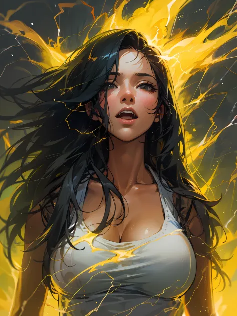 Brazilian woman full of passion, Long black hair with hair, Wearing a white vest, (Yellow lightning effect around her), Large of...