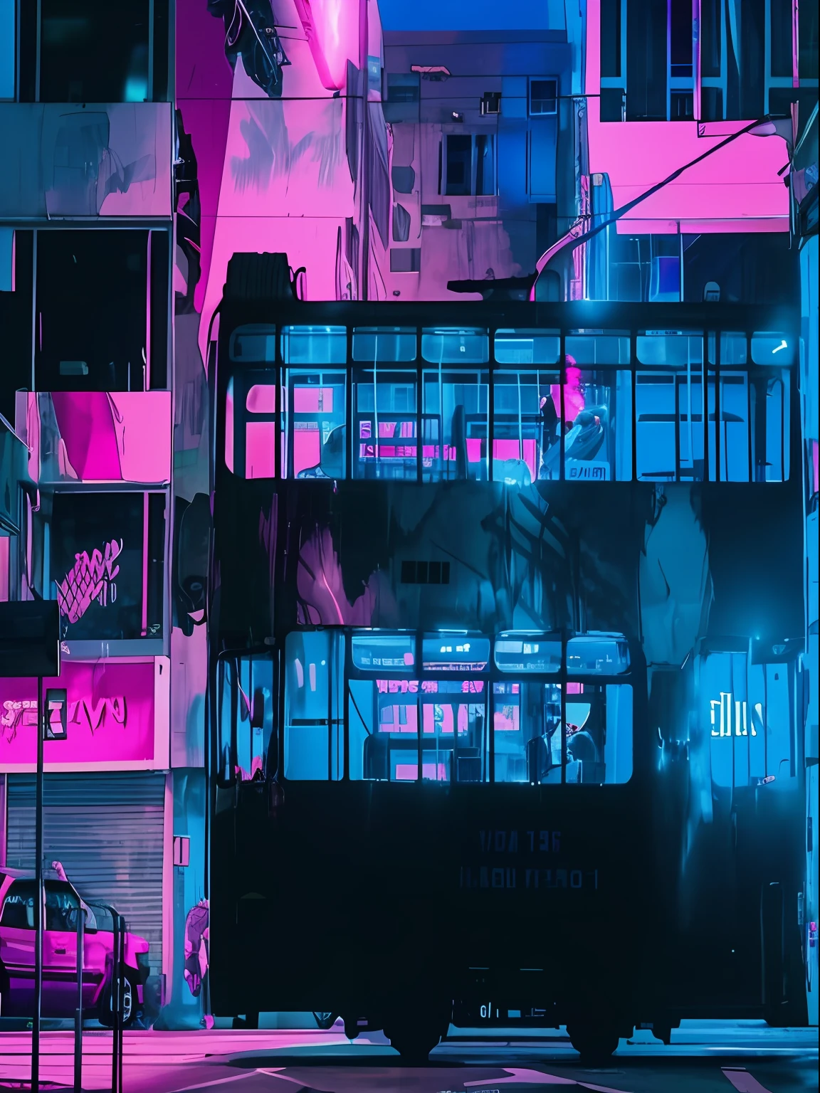 Autobús Alafed de dos pisos en las calles de la ciudad por la noche, estética de onda sintetizada, estética ciberpunk, estética ciberpunk, Ola Sintética Miami, ambiente ciberpunk, en estética cyberpunk, ciberpunk estético, Estética de neón, vibraciones de Blade Runner, atmósfera ciberpunk, Parada de autobús cyberpunk, colores ciberpunk coloridos de ensueño, estilo cyberpunk apagado, Estilo de iluminación de ondas de vapor, estética de ondas de vapor, onda de vapor ciberpunk