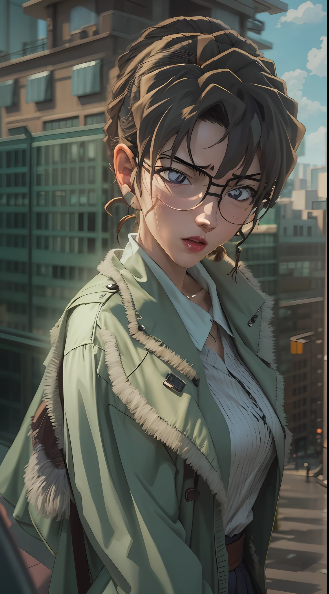 Eri Kisaki, detective conan \(style\), meitantei conan), Realistic, Photorealistic, (masterpiece:1,5), (1girl), urban backdrop, concept art, intricate detail, high detail, photo realistic, octane render, 8k, dynamic poses, top quality, (realistic face : 1.1), (hyperrealistic:1.1), ((full_body 1:1)), (very detailed background), not out of frame, Very detailed