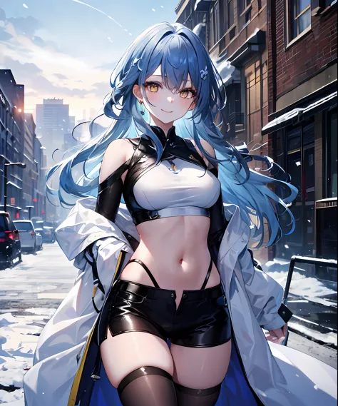 (​masterpiece、top-quality)、独奏、1womanl、Longhaire、Light blue hair、Yellow eyes、A smile、Navel dashi、T-shirt with navel、Skin wiping a...