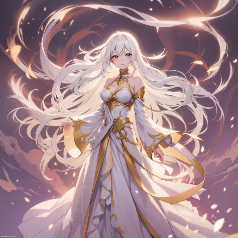 Illustrate an anime girl with flowing hair, adorned in an elegant gown, and surrounded by a soft glow of magic, white hair, full...