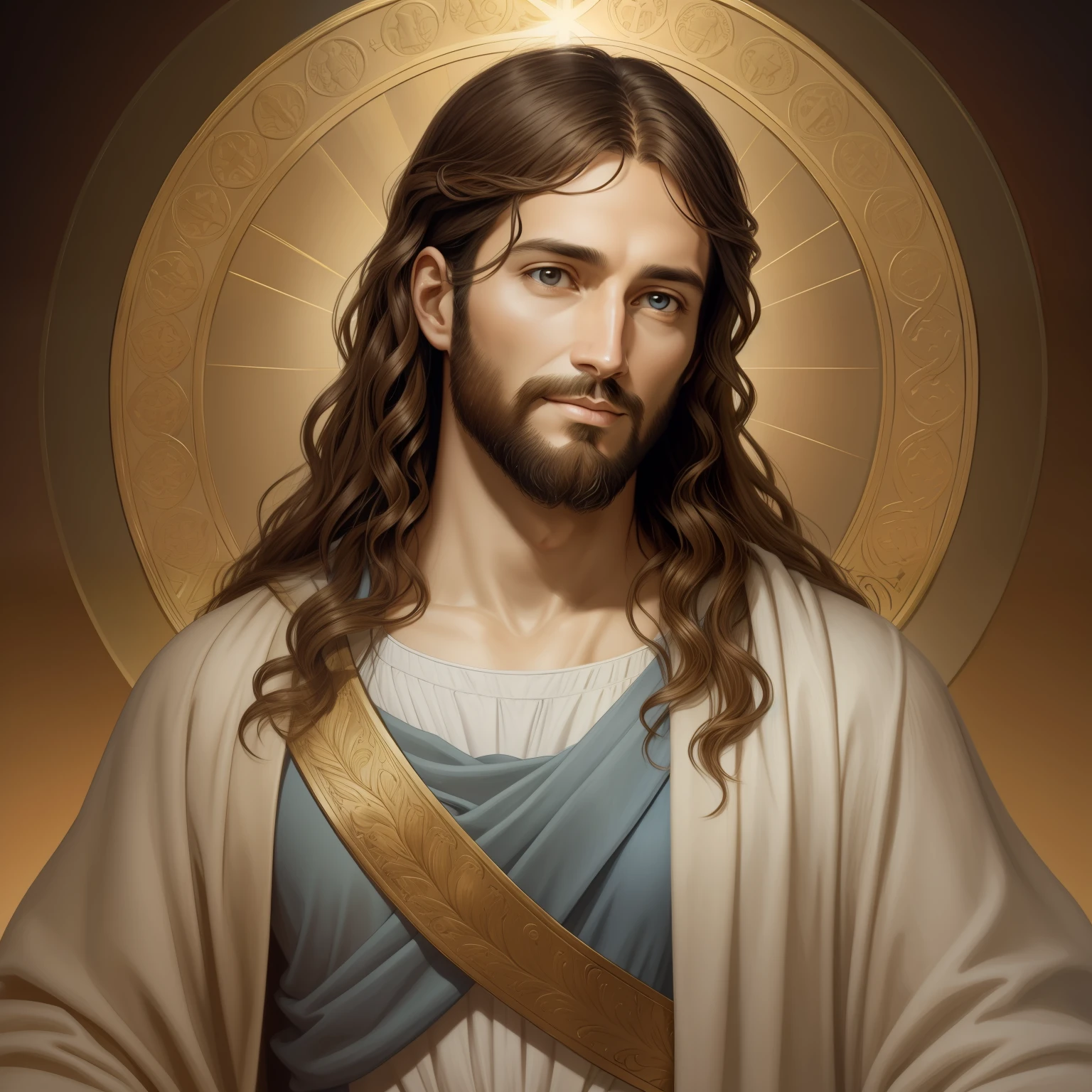 A beautiful ultra-thin realistic portrait of Jesus, the prophet, a man 34 years old Hebrew brunette, short brown hair, long brown beard, with, wearing long linen tunic closed on the chest part, in front view, full body, biblical, realistic,by Diego Velázquez,Peter Paul Rubens,Rembrandt,Alex Ross,8k, Concept Art, PhotoRealistic, Realistic,  Illustration, Oil Painting, Surrealism, HyperRealistic, Digital art, style, watercolor 
a 3D Realistic of jesus with a halo in the sky, jesus christ, smiling in heaven, portrait of jesus christ, jesus face, 33 young almighty god, portrait of a heavenly god, greg olsen, gigachad jesus, jesus of nazareth, jesus, the face of god, god looking at me, he is greeting you warmly, he is happy, avatar image