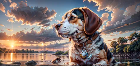 Beagle Harrier puppy sitting next to the river of clear water and transparent sunset ultra realistic 4k photo