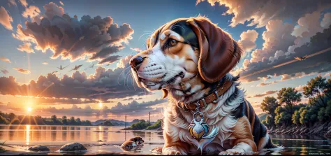 beagle harrier puppy sitting next to the river of clear water and transparent sunset ultra realistic 4k photo