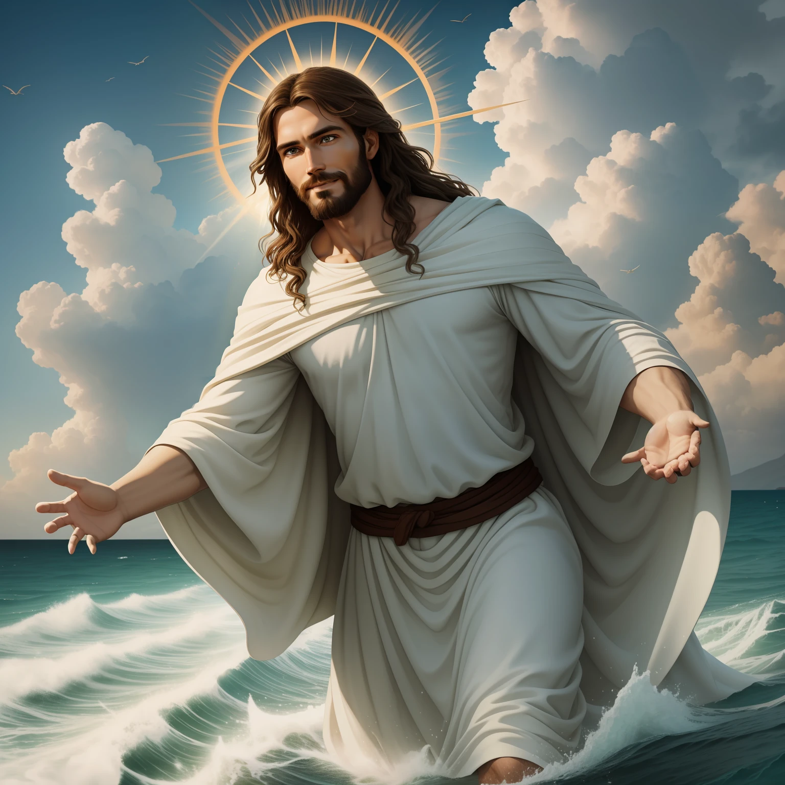 Jesus walking on water with a flying cloud in the background, Jesus ...