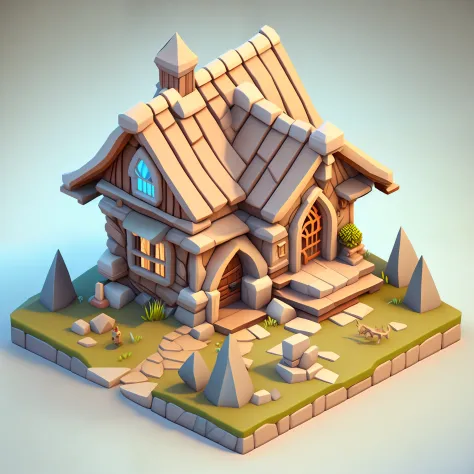 Isometric house, RPG style, Cartoony, DnD, fantasy, mobile game，Primitives，Animal bones，stone，wood
