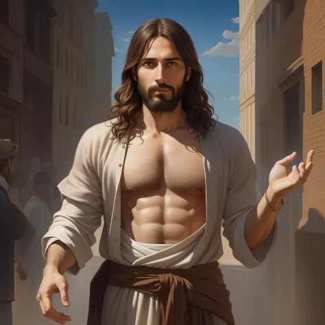 A beautiful ultra-thin realistic portrait of Jesus, the prophet, a man 35 years old Hebrew brunette, short brown hair, long brow...