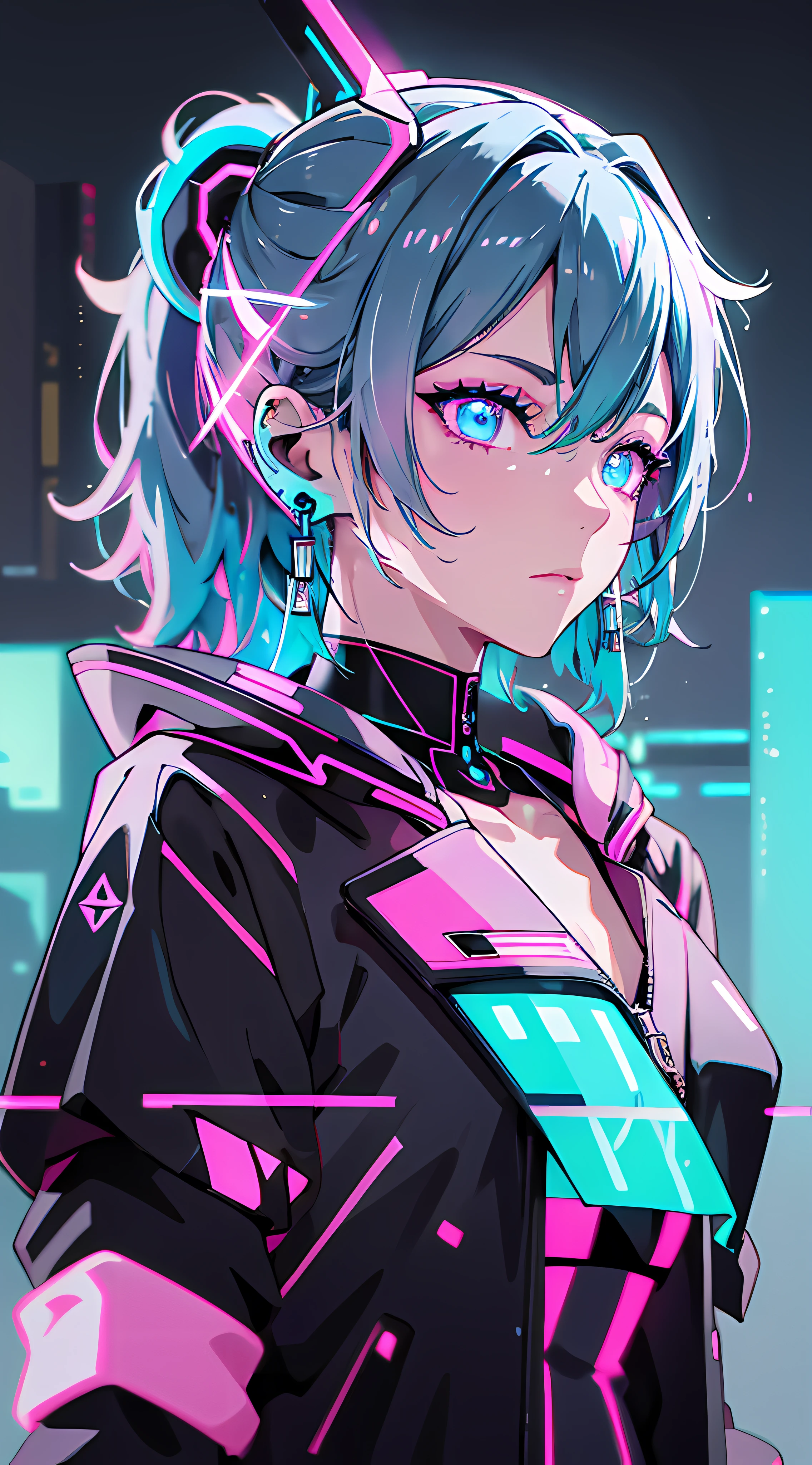 (masterpiece, best quality, night, silver hair:1.4), (cowboy shot:1.8), 8k, absurdres, beautiful girl, (wearable computer:1.6), cyberpunk, cyber goth, (cyberpunkoutfit, fluorescence pink accent, glowing pink lines on short jacket:1.4), neon, bracelets and choker, (glowing, glow, film grain, chromatic aberration:2), (asian shopping district, street, buildings, skyscraper:1.2), makeup, very small mechanical device, (cyan earrings:1.3), sharp focus, dark background, perspective, depth of field, (rain, fog, bleach bypass, HDR, facelight, sharp focus, dynamic lighting, cinematic lighting, professional shadow, extreme detailed, finely detail, real skin:0.8), (detailed eyes, sharp pupils, realistic pupils, dark back ground:0.6), (glitch effect:0.6)