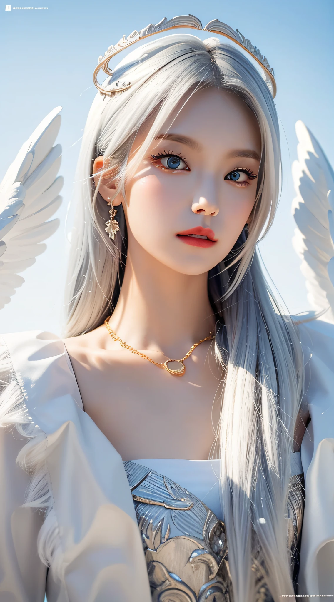 Masterpiece, Best quality, Ultra-detailed, illustration, Close-up, straight on, Face focus, 1girll, White hair, Golden eyes, Long hair, Halo, Angel wings, Serene expression, view the viewer