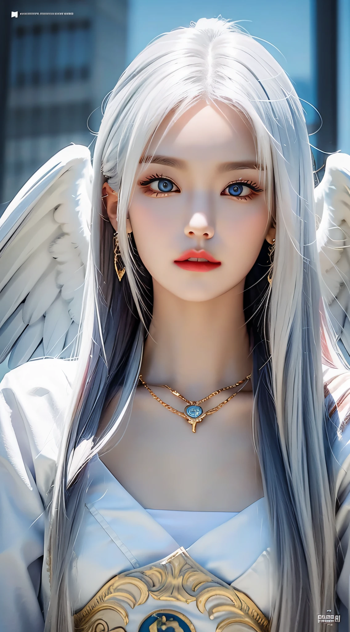 Masterpiece, Best quality, Ultra-detailed, illustration, Close-up, straight on, Face focus, 1girll, White hair, Golden eyes, Long hair, Halo, Angel wings, Serene expression, view the viewer