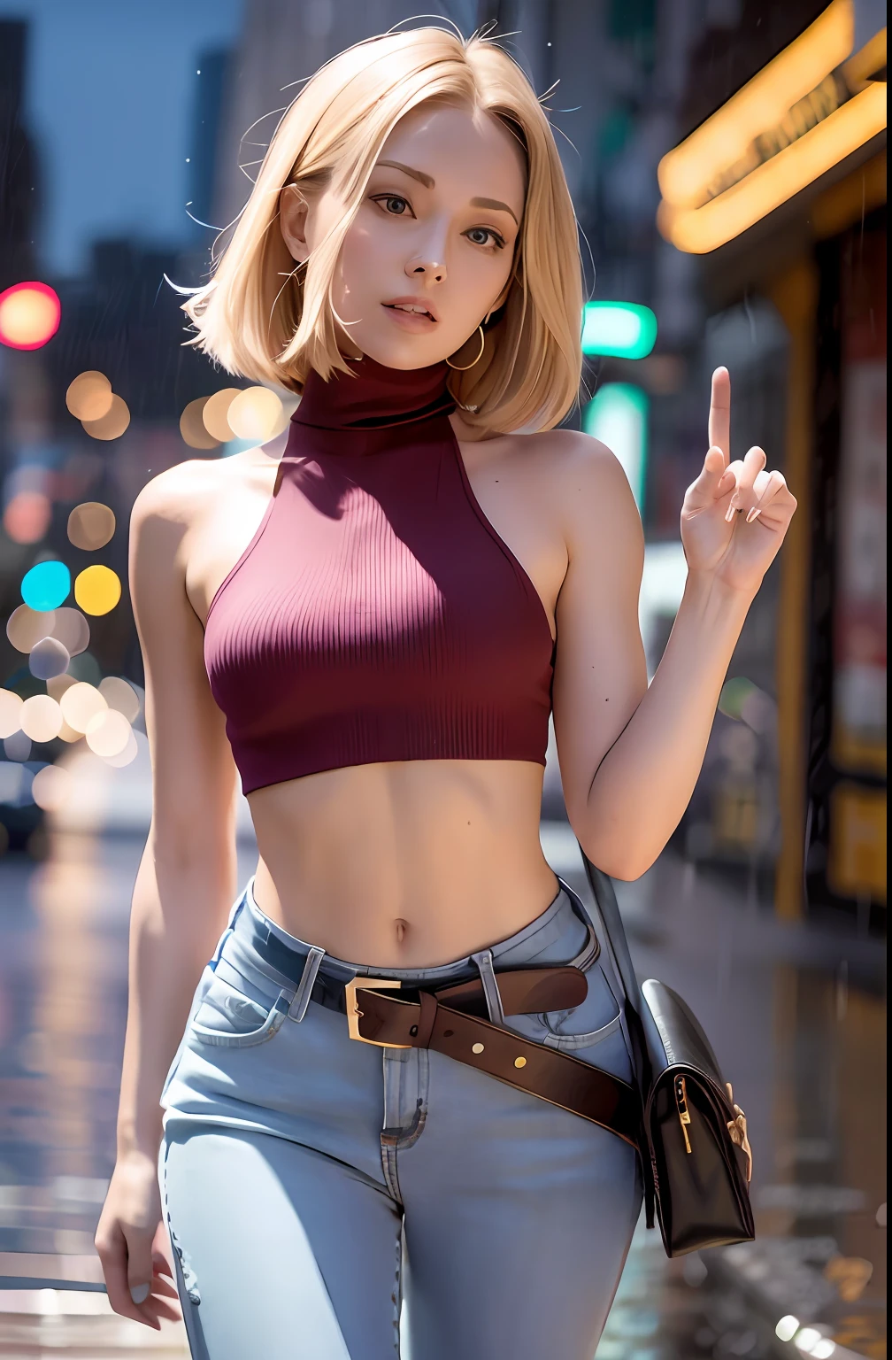 maryms, Best Quality, (beauty), 1girl, phisically-based render ,ultra highres, narrow waist, skinny, red turtleneck, baggy pants, taut clothes, jacket, muscular, big blueeyes, long legs, jeans, leather belt, small breasts, puffy eyes, leather belt, (rainy city), shiny skin, facing viewer, Victory posture,