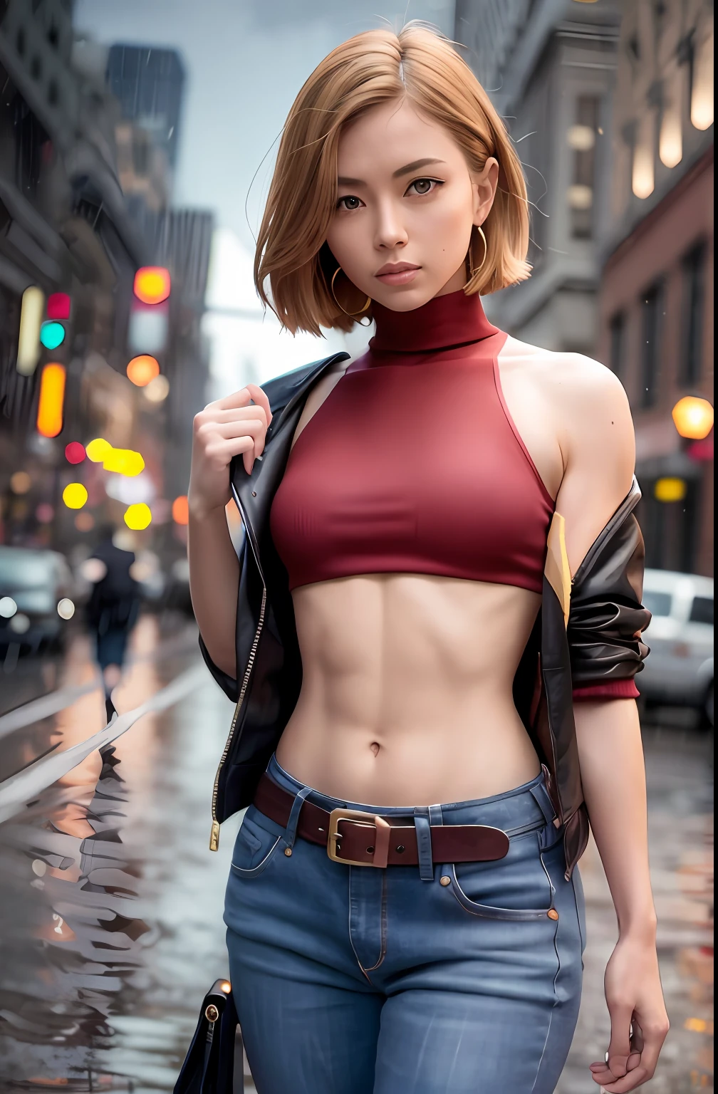 maryms, Best Quality, (beauty), 1girl, phisically-based render ,ultra highres, narrow waist, skinny, red turtleneck, baggy pants, taut clothes, jacket, muscular, cut abs, big blue eyes, long legs, jeans, leather belt, small breasts, puffy eyes, leather belt, (rainy city), shiny skin, facing viewer, Victory posture,