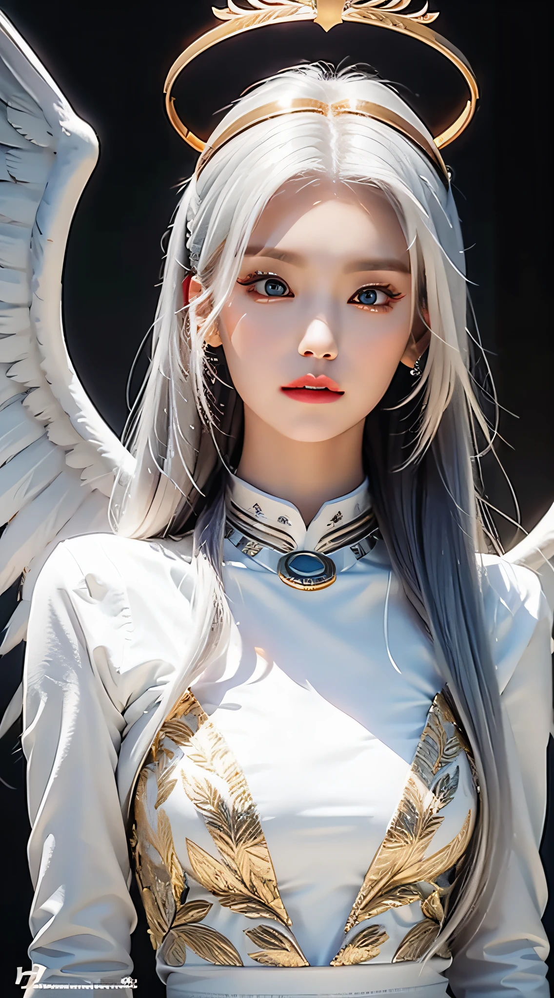 Masterpiece, Best quality, Ultra-detailed, illustration, Close-up, straight on, Face focus, 1girll, White hair, Golden eyes, Long hair, Halo, Angel wings, Serene expression, view the viewer