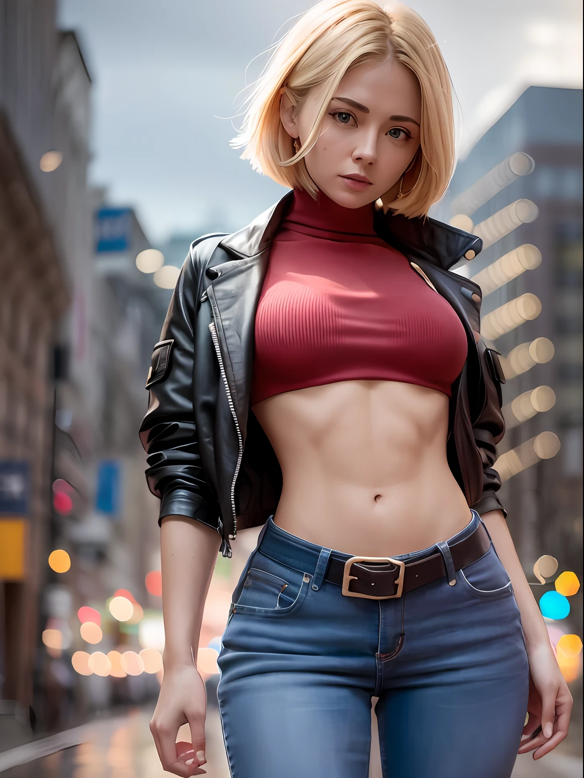 maryms, Best Quality, (beauty), 1girl, phisically-based render ,ultra highres, narrow waist, skinny, red turtleneck, baggy pants, taut clothes, jacket, muscular, cut abs, blue eyes, long legs, jeans, leather belt, small breasts, puffy eyes, leather belt, (rainy city), shiny skin, facing viewer, victory pose, detailed face, detailed eyes, european youth