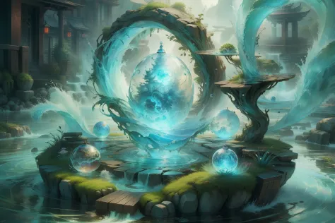 (((water ripple)))，crystal sphere，Magical Circle，magic orb，water bloom，waterfallr，offcial art，((((Kizi))))，thangka flying sky[1....