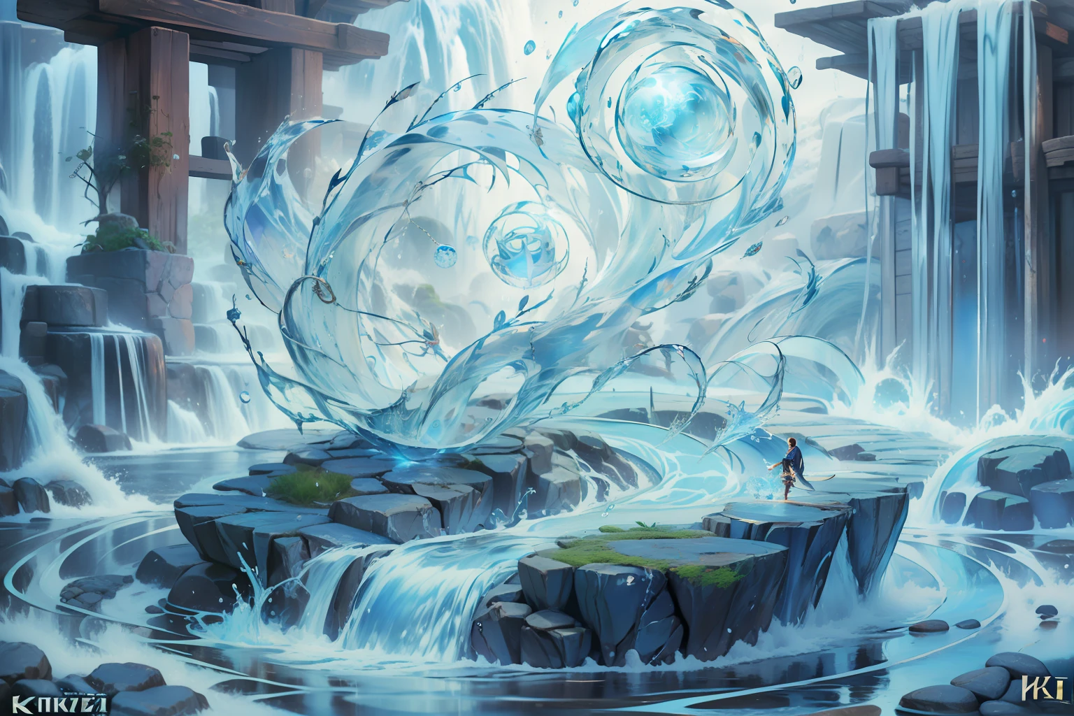 Water Technique，Water control，Carrying water，(((water ripple)))，crystal sphere，Magical Circle，magic orb，water bloom，waterfallr，offcial art，((((Kizi))))，chinesedragon，Chinese Phoenix，Comic art wallpaper 8K， anime artsyle， Detailed anime artwork，Epic composition，Realistic lighting，high definition detail，tmasterpiece，Best quality，