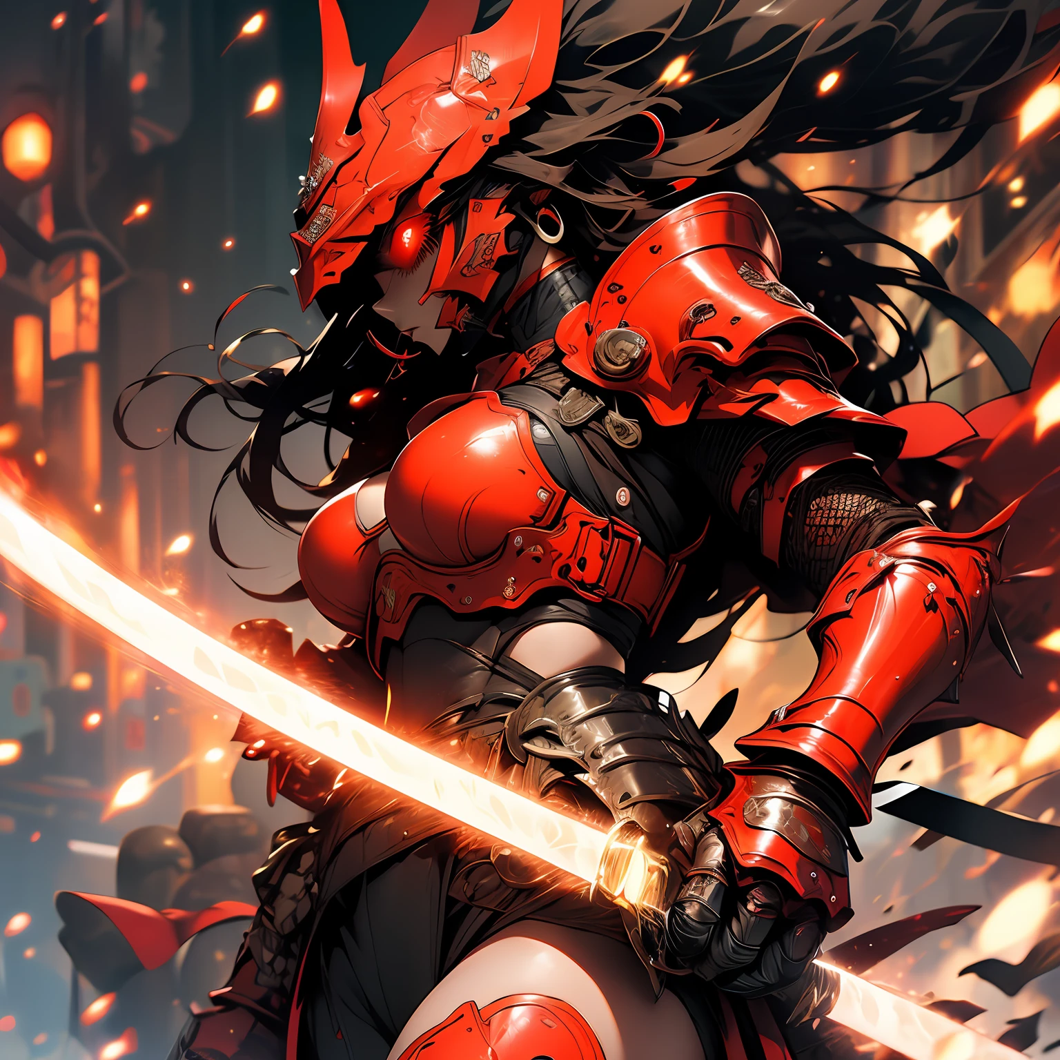 (masterpiece), (best quality), (1girl), solo, perfect body, bodysuit, red armor, Japanese traditional armor, shogun armor, big breast, (red glowing eyes)