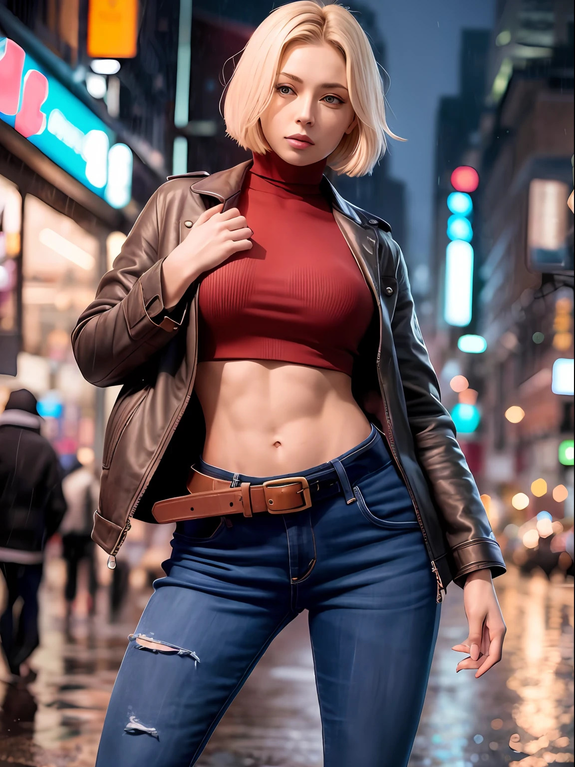 maryms, Best Quality, (beauty), 1girl, phisically-based render ,ultra highres, narrow waist, skinny, red turtleneck, baggy pants, taut clothes, jacket, muscular, cut abs, blue eyes, long legs, jeans, leather belt, small breasts, puffy eyes, leather belt, (rainy city), shiny skin, facing viewer, victory pose, (detailed face:1.2), (detailed eyes:1.2), european youth