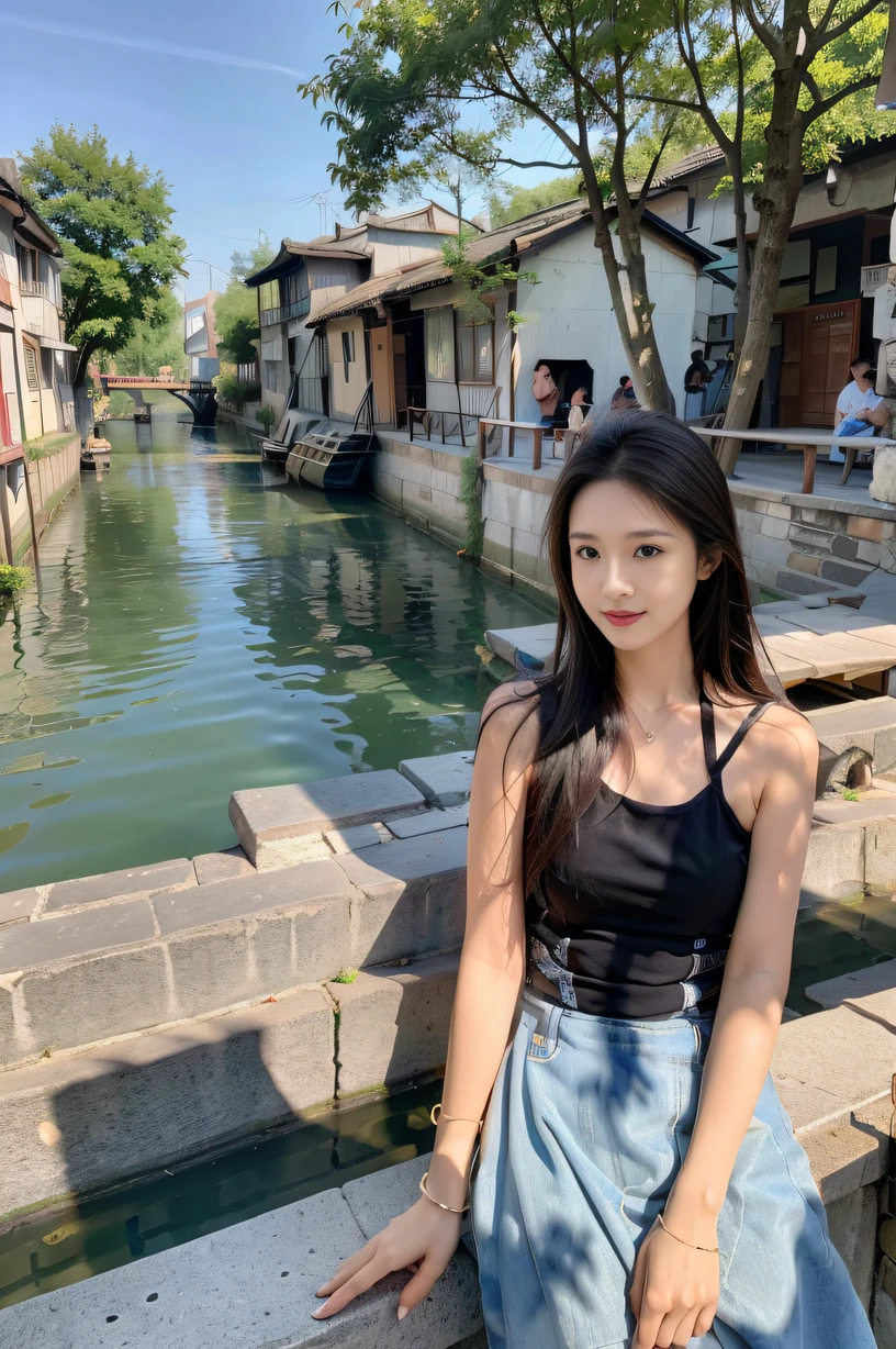 ，Masterpiece, Best quality，8K, 超高分辨率，Reallightandshadow，(beautidful eyes:1.1)，Beautuful Women，Jiangnan Water Town，small village，River side