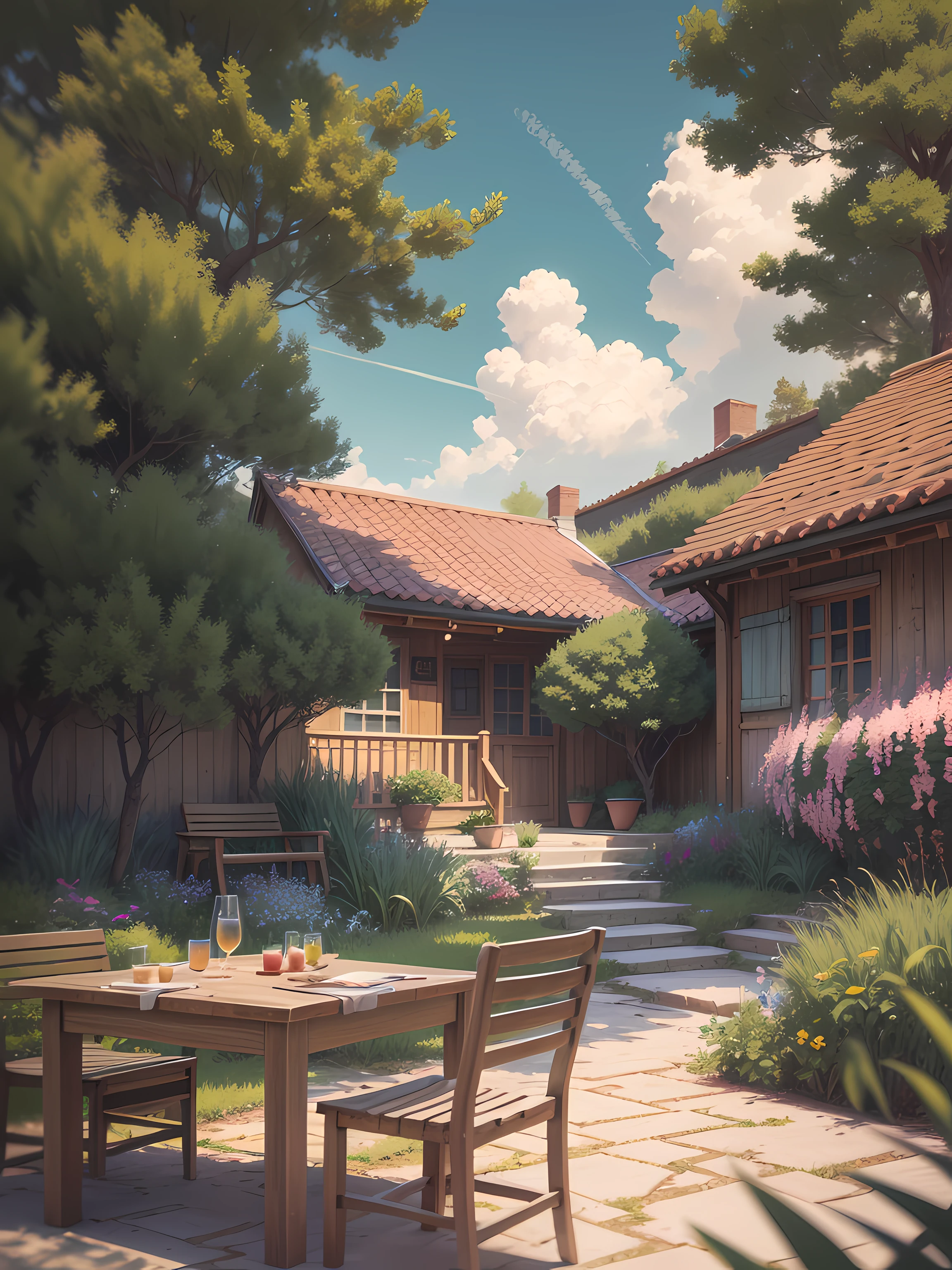 there is a painting of a courtyard with a table and chairs, immensely detailed scene, highly detailed scenario, hyper detailed scene, Relaxing concept art, at summer afternoon, Detailed scenery —width 672, Anime landscape concept art, Anime background art, detailed soft painting, 3 d stylize scene, beautiful anime scenes, beautiful detailed scene, Detailed 2D illustration