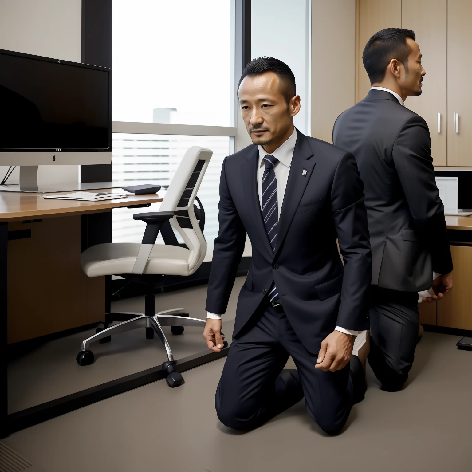 Two men in suits are sitting on the floor in an office - SeaArt AI