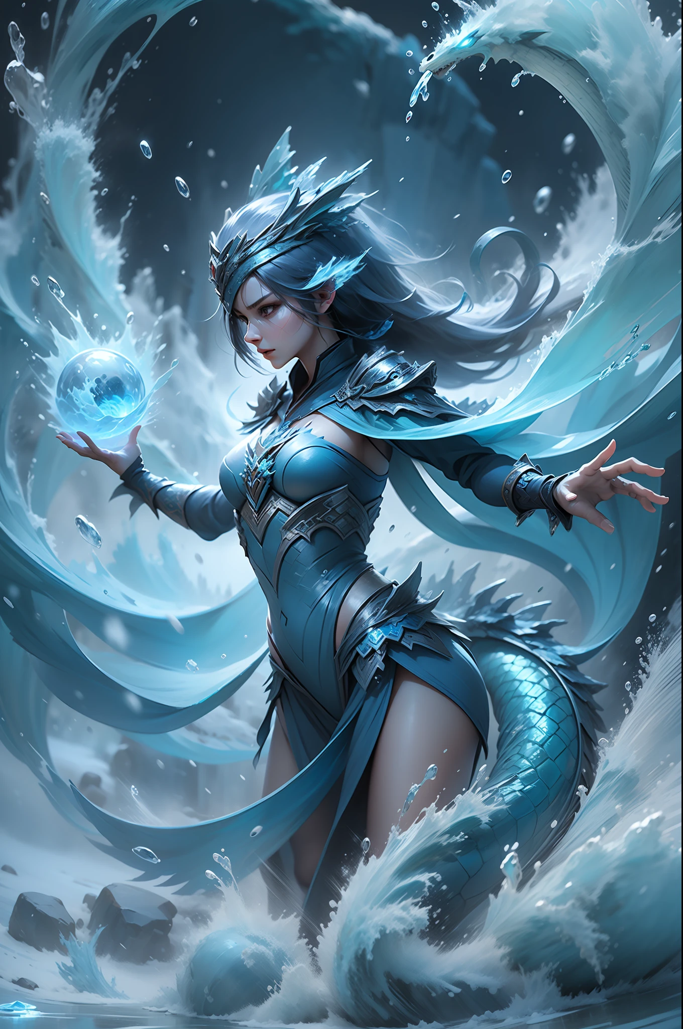 宝贝魔法女孩站在透明的蓝色水龙前，结合水与冰元素的力量，制造强大的冰雪风暴，冻结周围的敌人并造成大面积冰冻伤害。