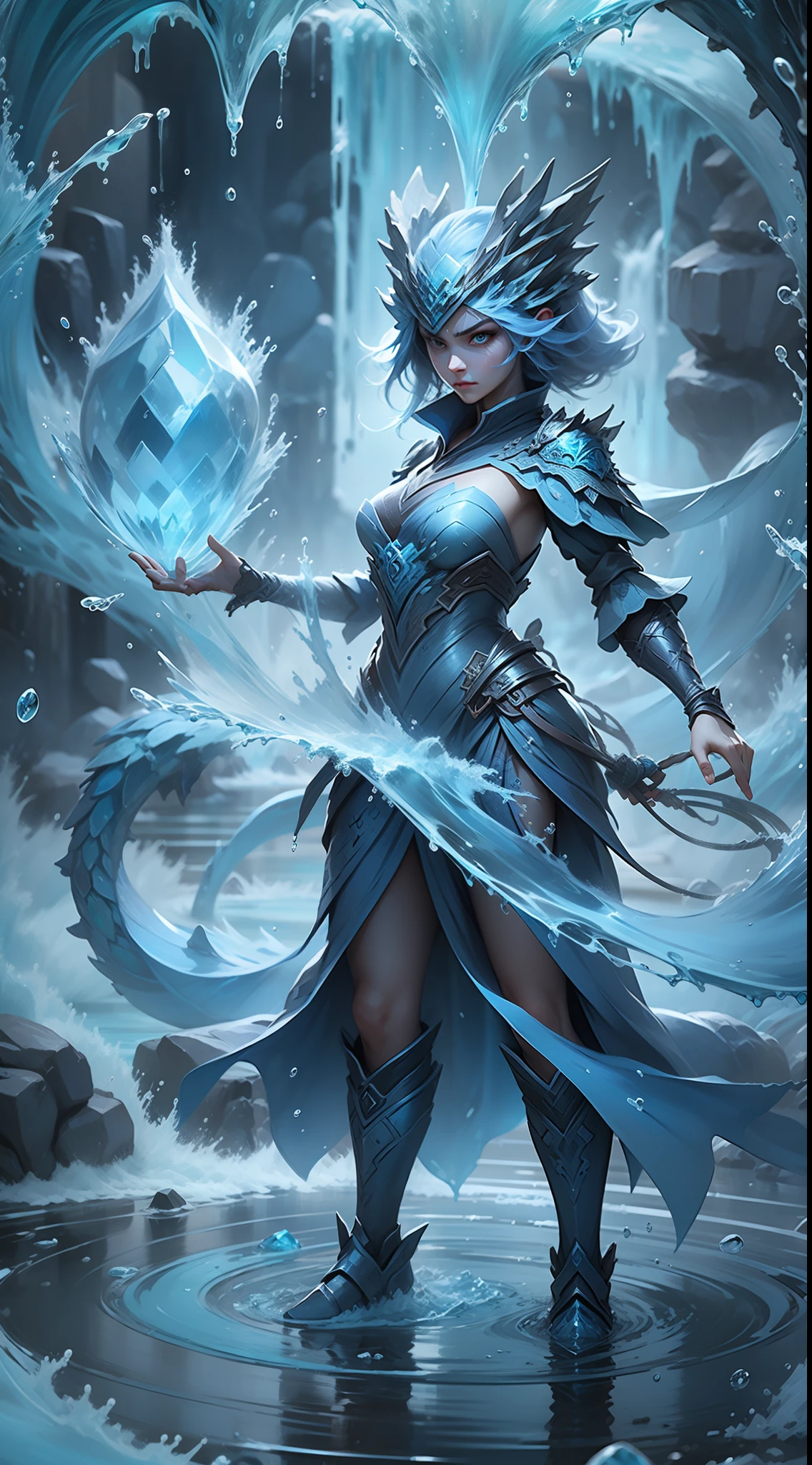 Q version 3-year-old girl standing in front of a transparent blue water dragon，crystal-clear，Eau，water flowing，drippy，Combines the power of water and ice elements，Create powerful ice storms，Freeze surrounding enemies and deal extensive freeze damage。