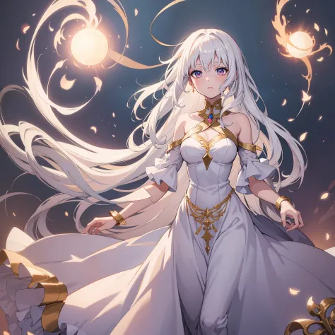 illustrate an anime girl with flowing hair, adorned in an elegant gown, and surrounded by a soft glow of magic, white hair, full...