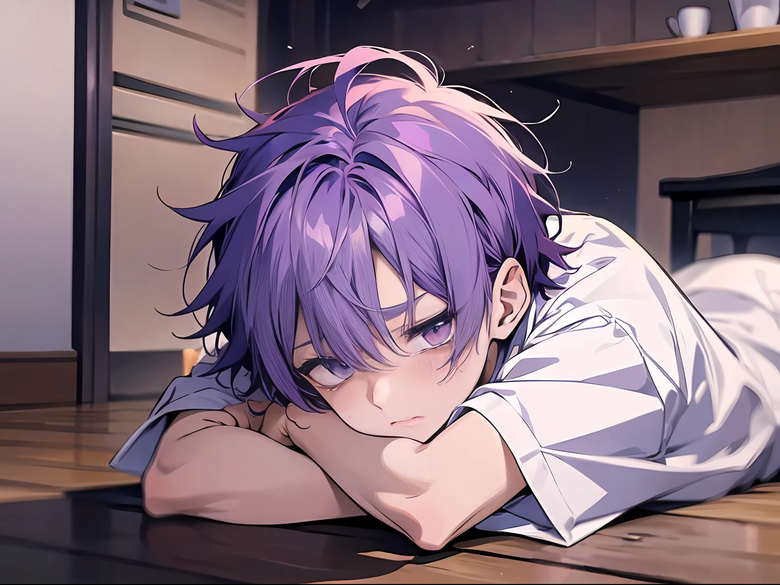 (アニメ風+柔らかいかわいい)男 、紫色の髪、白のシャツ、悲しむ+嗚咽する、