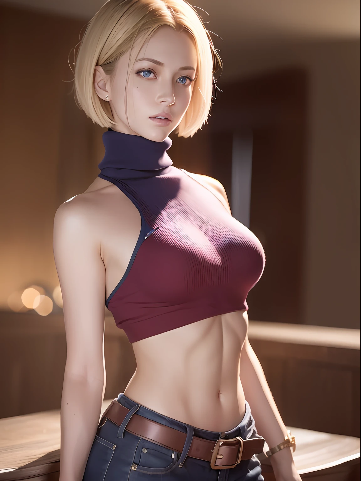 maryms, Best Quality, (beauty), 1girl, short hair, blonde hair, phisically-based render ,ultra highres, narrow waist, skinny, (red), (red turtleneck:1.2), cut abs, blue eyes, puffy eyes, shiny skin, eyes focus, detailed face, detailed eyes, european youth