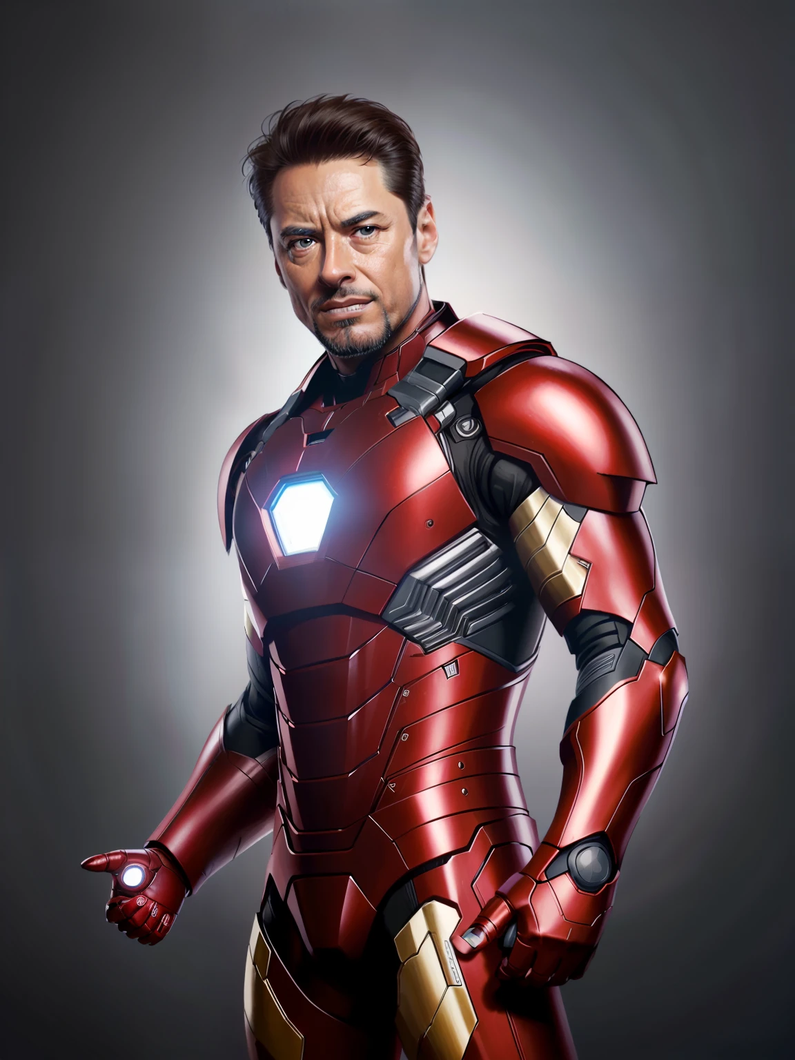 maravilha, Tony Stark,com armadura iron man,(capacetesem realisticamente, luzes dinâmicas, velho, barba por fazer cinza, filmagem completa, (papel de parede 8k extremamente detalhado da unidade CG), tendências no artstation, tendência na CGSociety, alto detalhe, foco nítido, dramático, Fotorrealista