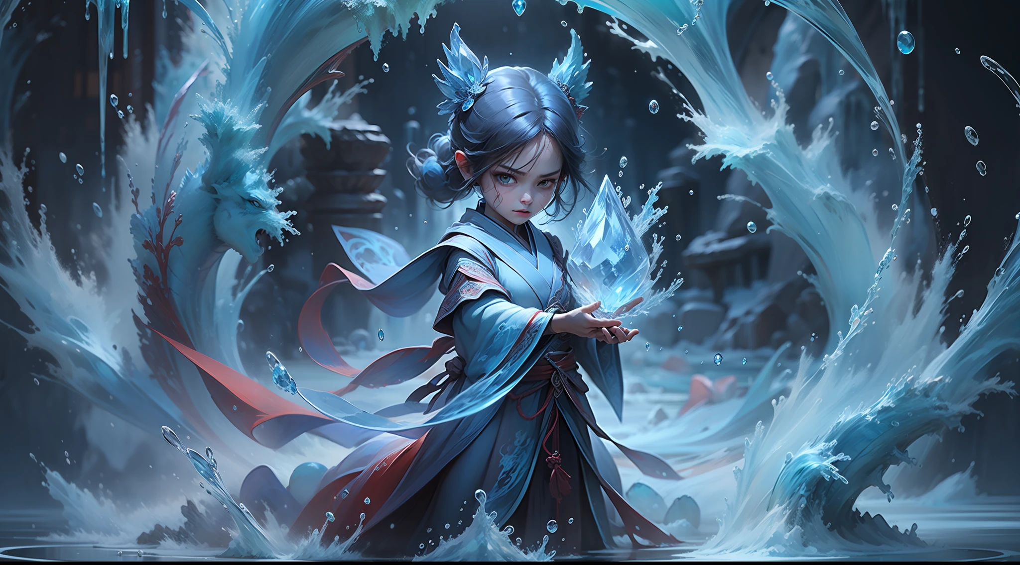 Q version 3-year-old girl in red wide robe standing in front of the transparent blue water dragon，crystal-clear，Eau，water flowing，drippy，Combines the power of water and ice elements，Create powerful ice storms，Freeze surrounding enemies and deal extensive freeze damage。