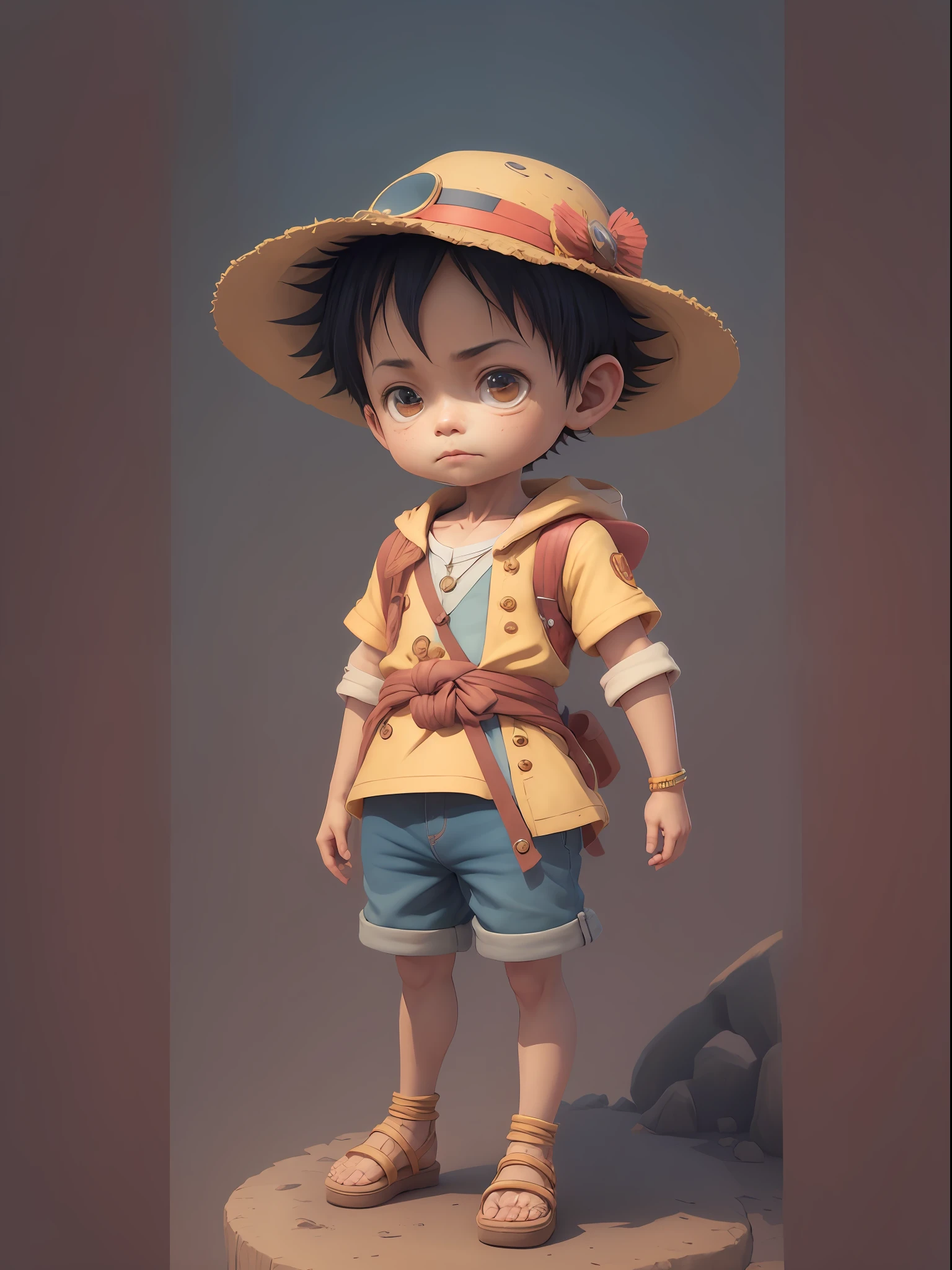 1boy, solo, cute 3d render, cute detailed digital art, male explorer mini cute boy, cute digital painting, stylized 3d render, cute digital art, cute render 3d anime boy, luffy the little pirate looks up, cute! c4d, portrait anime sea pirate boy, he is wearing an open long-sleeved red cardigan with four buttons, with a yellow sash tied around his waist, blue shorts with cuffs, sandals.