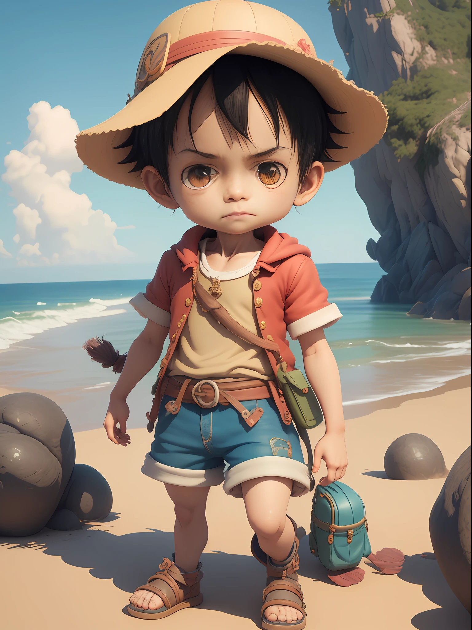 1boy, solo, cute 3d render, cute detailed digital art, male explorer mini cute boy, cute digital painting, stylized 3d render, cute digital art, cute render 3d anime boy, luffy the little pirate looks up, cute! c4d, portrait anime sea pirate boy, he is wearing an open long-sleeved red cardigan with four buttons, with a yellow sash tied around his waist, blue shorts with cuffs, sandals, set on the beach, there is a house, and a fishing boat